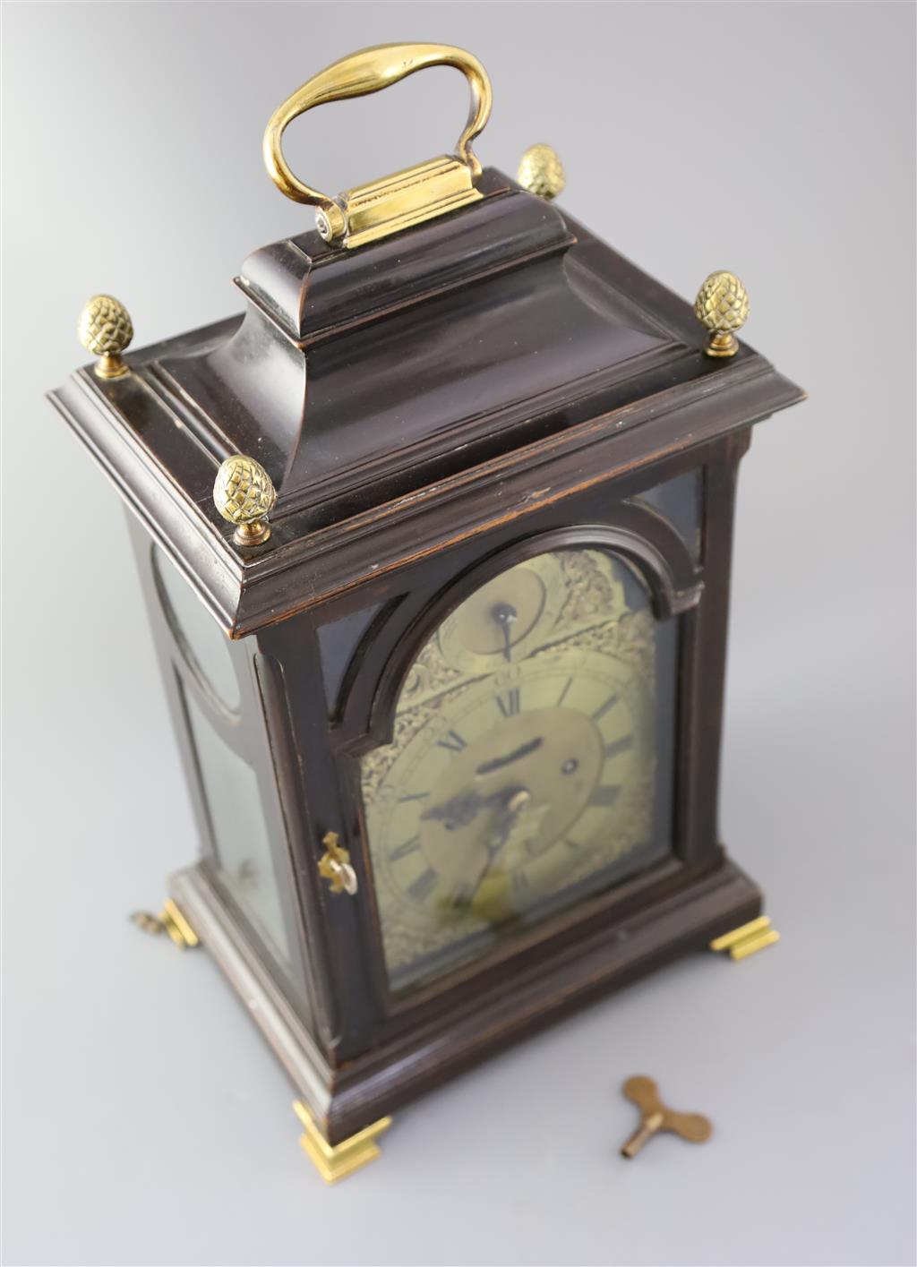 John Fladgate of London. A George III ebonised pear wood repeating bracket clock, height 16.5in.